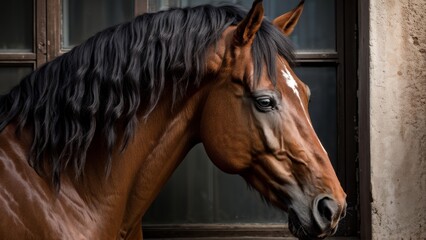 A brown horse stands in front of a wall with a window.