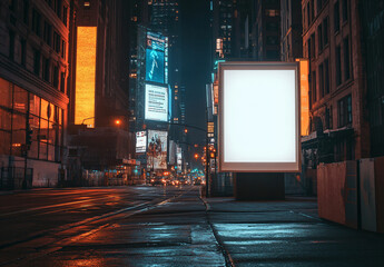 Blank Billboard in Downtown City at Night.