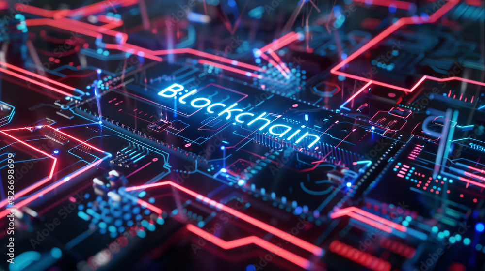 Aufkleber Illuminated circuit board in blue and red represents blockchain technology, alluding to cryptography and cryptocurrency