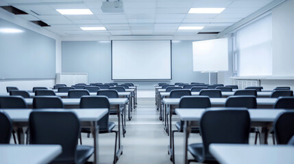 Fototapeta premium Modern Classroom with Rows of Empty Desks and Chairs Facing a Projector Screen