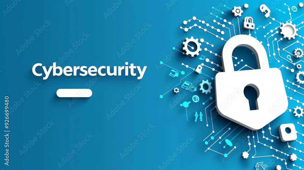 Poster securing computer data with a padlock icon: cybersecurity and protection against cyber attacks
