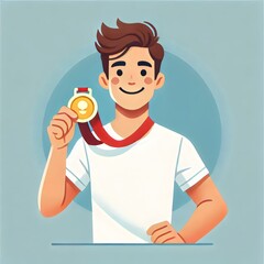 This cheerful illustration features a young individual proudly displaying a gold medal, symbolizing achievement and success