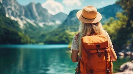 Travel-ready woman adjusting her backpack for a safe trip