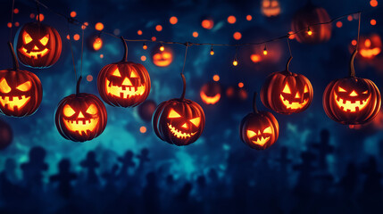 2024 Halloween party background banner. Pumpkins hanging isolated on dark blue sky and cemetery background. Copy paste area for text and brand.