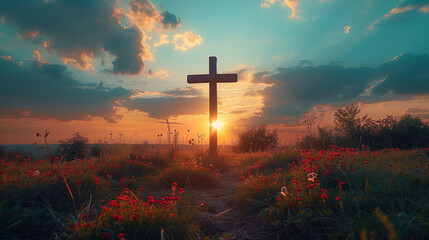 Crucifixion of Jesus Christ at sunset on the cross symbolizing faith hope and redemption with a dramatic sky