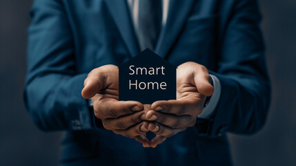 Confident businessman holds smart home cutout, symbolizing innovative home automation. Focus on security, convenience, modern living with wireless control systems