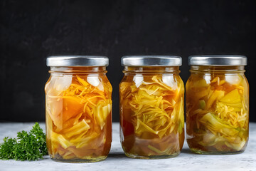 Freshly preserved cabbage in clear jars against dark backdrop