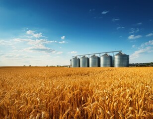 Golden wheat field and grain silos under blue sky