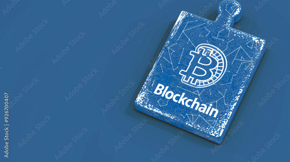 Aufkleber Solitary puzzle piece on a blue background featuring a bitcoin symbol and the word blockchain imprinted on it