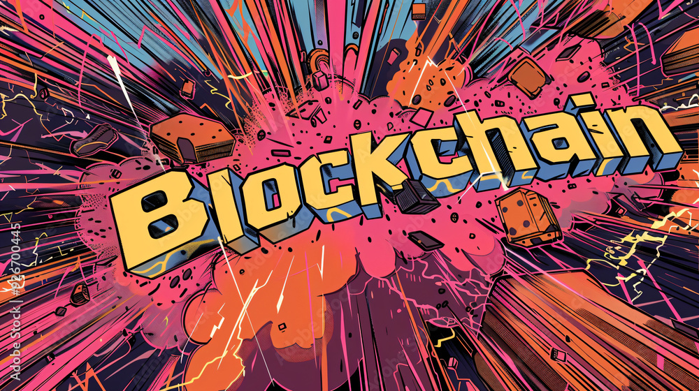 Poster blockchain word exploding in a colorful comic book style illustration with motion lines and sound ef