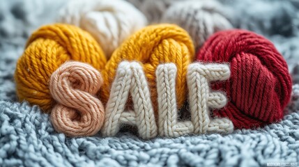 Fototapeta premium Knitted sale message with colorful yarn balls