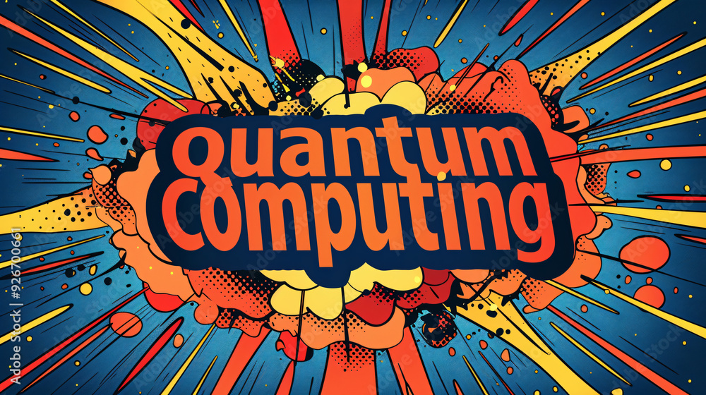 Aufkleber Quantum computing words in colorful retro comic book style with explosion and halftone dots