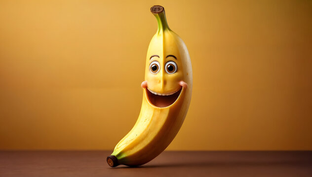 Smiling animated banana character on yellow background