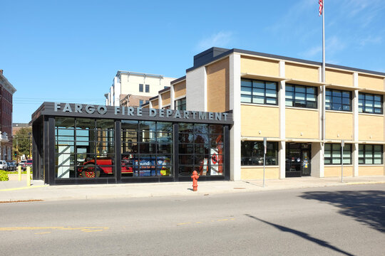 FARGO, NORTH DAKOTA - 4 OCT 2021: Fargo Fire Department Station #1, primarily serves the downtown area.