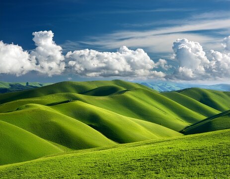 Green rolling hills and white clouds