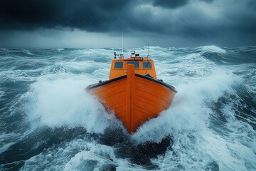 Naklejka premium solitary orange lifeboat adrift on turbulent stormy sea ominous dark clouds loom overhead creating a sense of isolation and danger