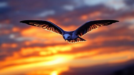 Fototapeta premium Majestic Bird Flying Against a Vibrant Sunset Sky