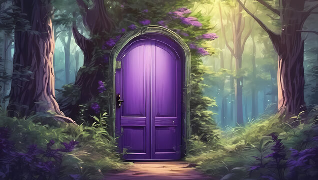 anime fantasy mystic door magic forest blue green purple teal wood entrance