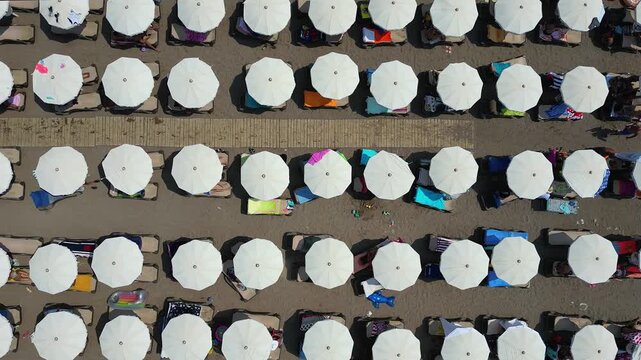 Aerial view of the beach and neat rows of beach umbrellas