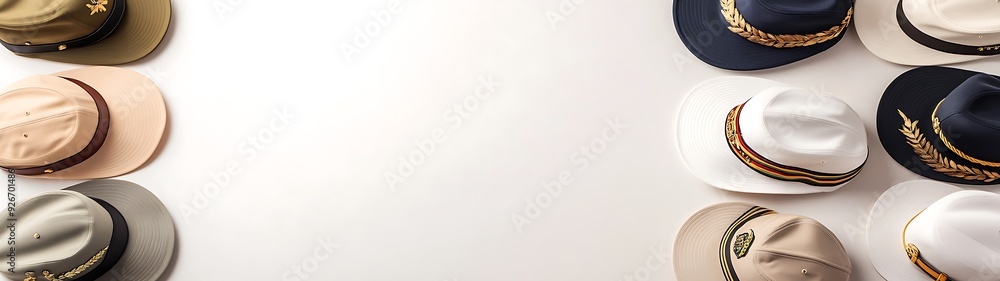 Poster a top view of multiple military hats arranged in a neat pattern, each representing different branche