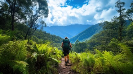 Fototapeta premium Hiker Journeying Through Lush Forest with Majestic Mountains in Background