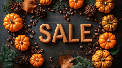 Sale announcement with pumpkins and coffee beans