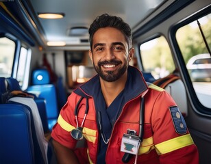 Naklejka premium Hispanic male paramedic smiling in an ambulance