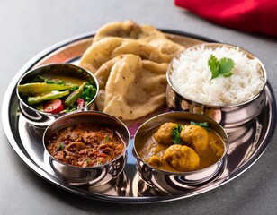 Indian Food Thali with Chole Bhature and Salad