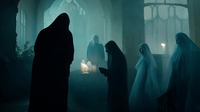 Members of a mysterious cult gathering and performing ritual in a dark and gloomy church