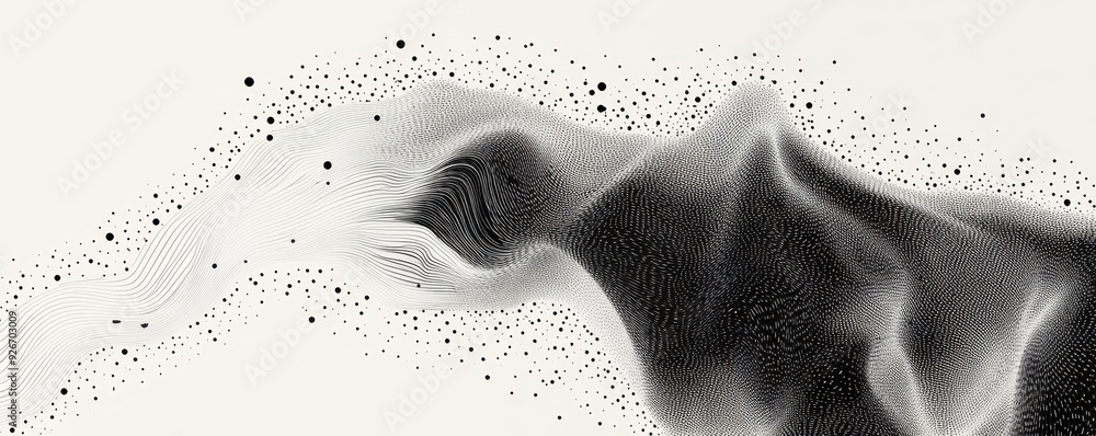 Poster abstract black and white image featuring smoke-like patterns and splatter dots on a light background