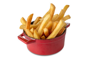 French fries served in small red pot isolated