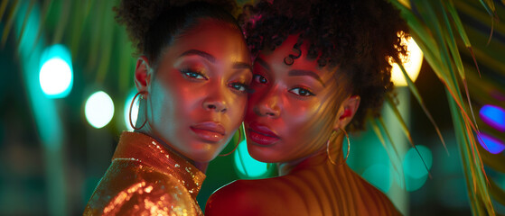 Close-up portrait of two stylish women with vibrant neon lighting. Generative AI	