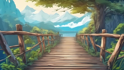 Fototapeta premium anime forest wooden bridge cartoon fantasy woods nature wood