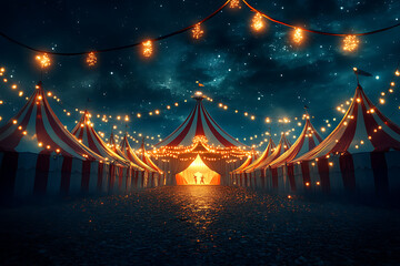 Night view of a circus tent under a warn sunset and chaotic sky