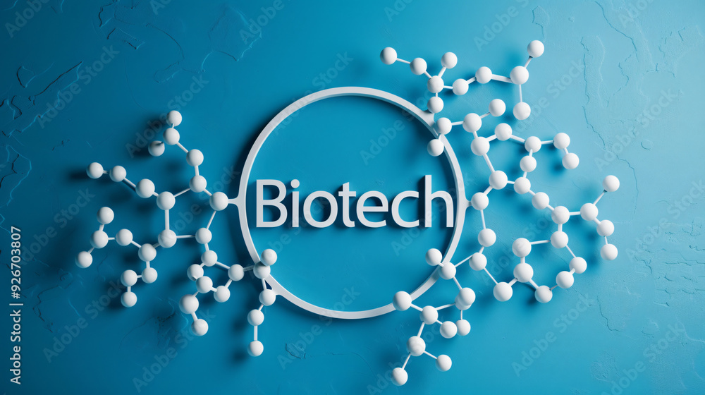 Poster Biotech symbol surrounded by molecular structures, hinting at progress and creativity in biotechnology