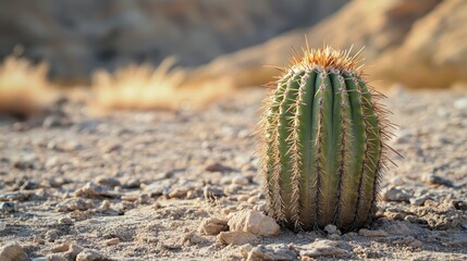 Close-up of a solitary cactus in a dry, desert landscape with mountains in the background, showcasing the resilience of nature.