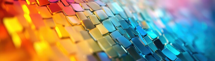 Obraz premium Close-up of colorful reflective tiles creating a mesmerizing gradient effect. Perfect for abstract backgrounds and creative designs.