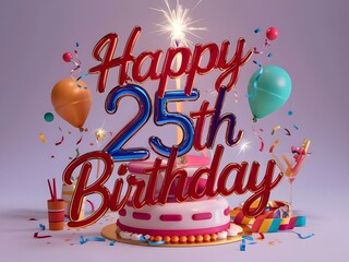 Happy 25th birthday with festive balloons and streamers