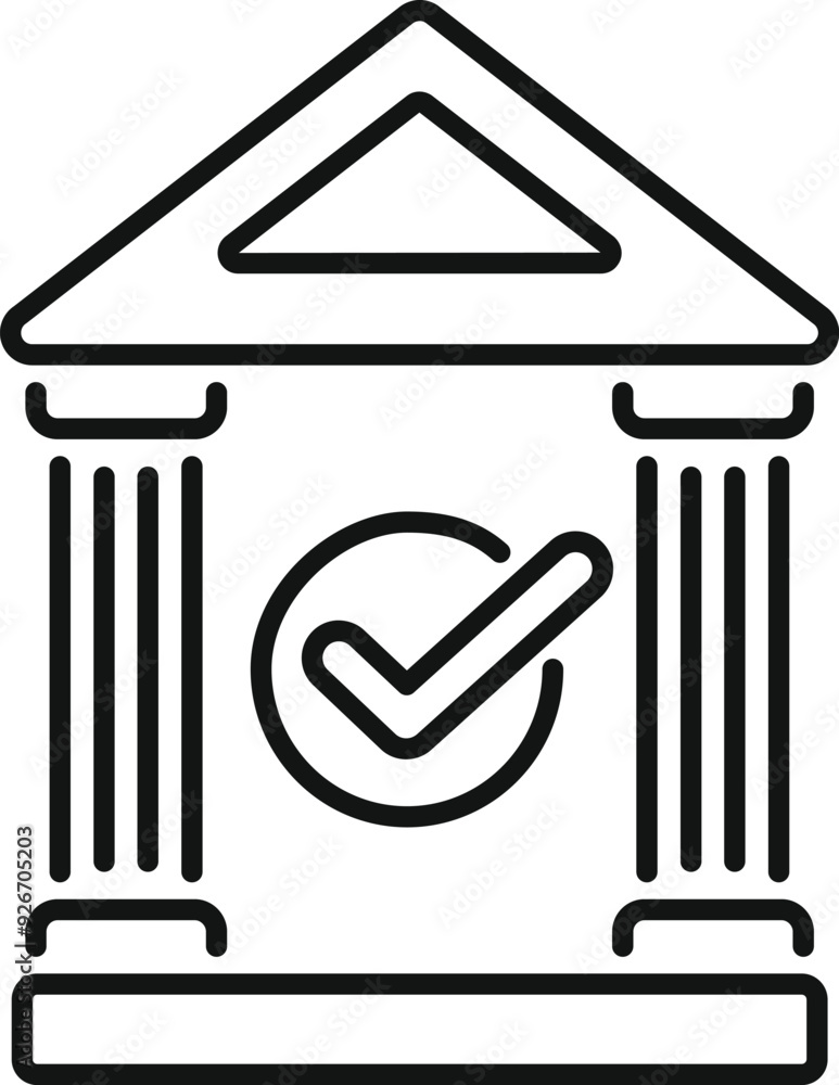 Poster line art vector icon of a bank building with a check mark, conveying trust and reliability