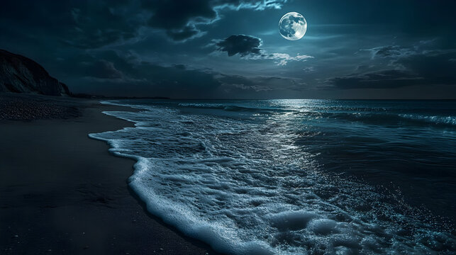 A moonlit beach where waves softly lap at the shore.