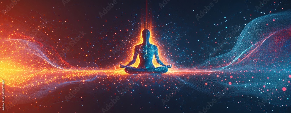 Wall mural a high-resolution graphic showing a pulsating aura around a meditation figure, with sound waves inte