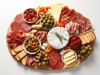 A beautiful charcuterie board with assorted meats, cheeses, olives, and fresh vegetables, perfect for gatherings and celebrations.