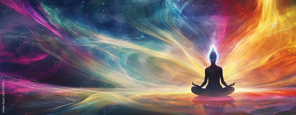 Wall mural an artistic rendering of sound waves cascading through a meditation figure, blending with cosmic ele