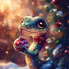Festive Snake Holding a Christmas Ornament on a Pine Tree Branch, Surrounded by Warm Holiday Lights. AI generated image