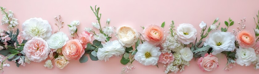 Obraz premium Elegant floral arrangement of pastel roses and greenery on a soft pink background, perfect for romantic and spring-themed designs.