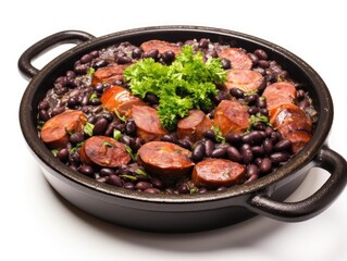 A flavorful dish of sausage and black beans garnished with fresh herbs, perfect for a hearty meal.