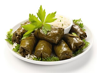 Delicious stuffed grape leaves served on a plate with rice and fresh herbs, perfect for Mediterranean cuisine lovers.