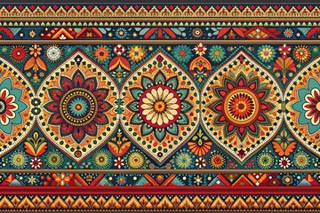 Digital textile design motif with geometrical border and ethnic style decoration with botanical flowers and ornaments
