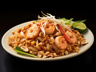 Delicious shrimp pad thai served on a plate, garnished with lime and fresh herbs, perfect for culinary enthusiasts.