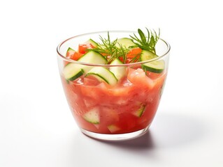 Fresh and vibrant salad in a glass bowl featuring juicy tomatoes and crisp cucumbers, garnished with herbs.